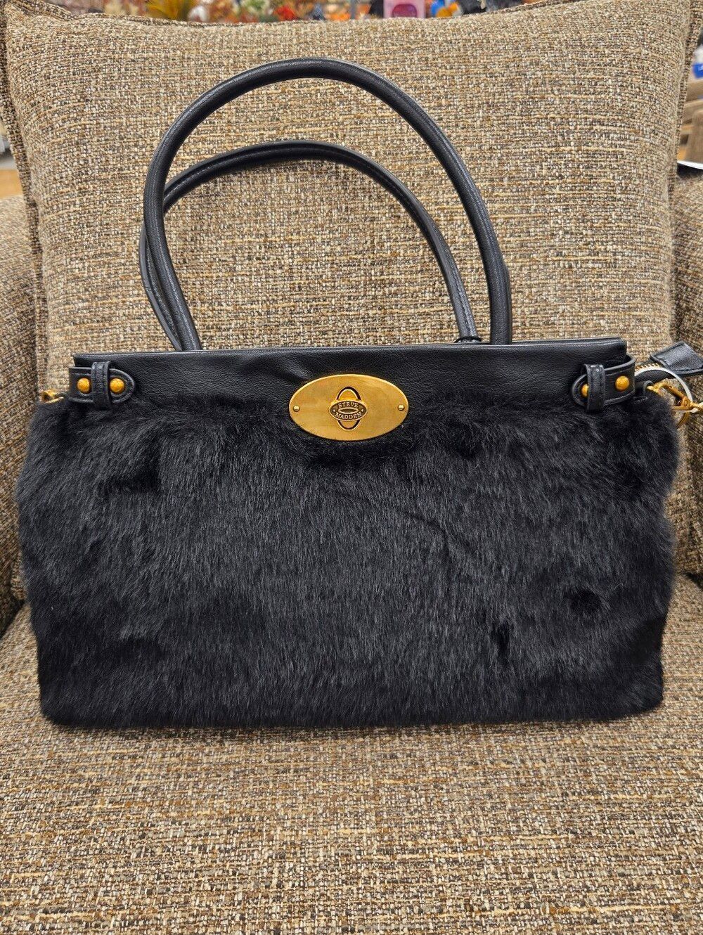 Steve Madden Black Faux Fur Shoulder Handbag